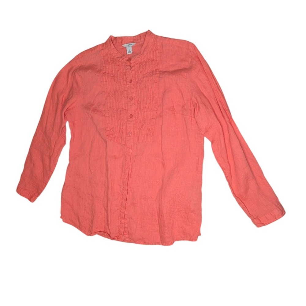 L.L.Bean Button Down Shirt Womens S Petite Coral 100% Linen Pintuck Pleated Top
